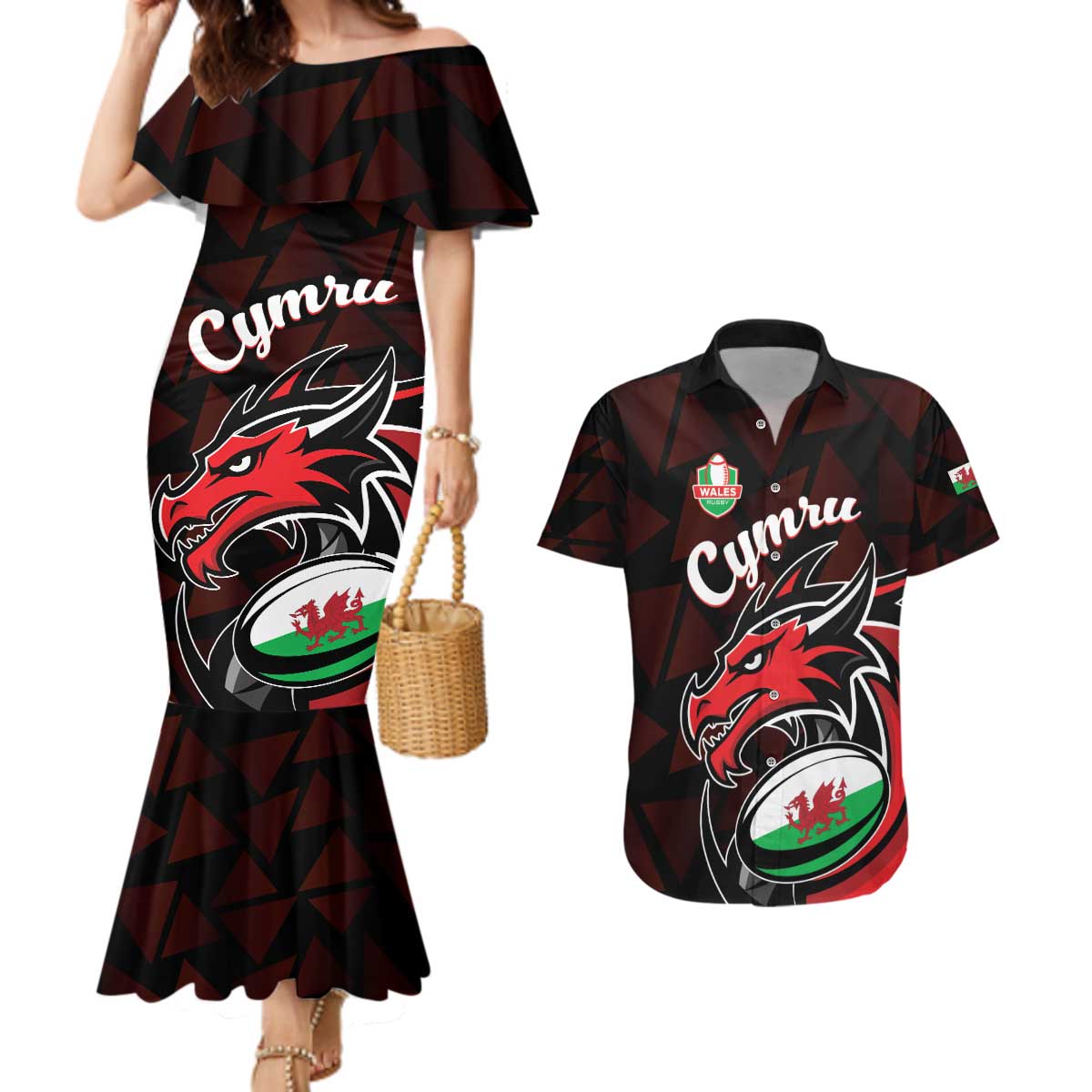 Custom Wales Rugby Couples Matching Mermaid Dress and Hawaiian Shirt Cymru Y Ddraig Goch