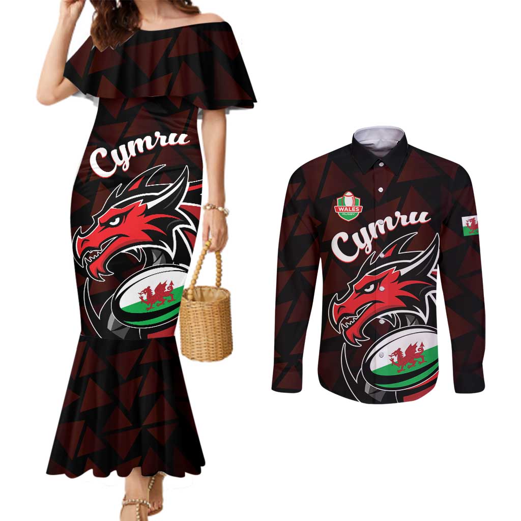 Custom Wales Rugby Couples Matching Mermaid Dress and Long Sleeve Button Shirt Cymru Y Ddraig Goch