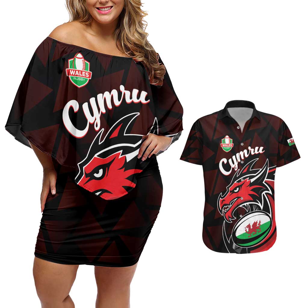 Custom Wales Rugby Couples Matching Off Shoulder Short Dress and Hawaiian Shirt Cymru Y Ddraig Goch