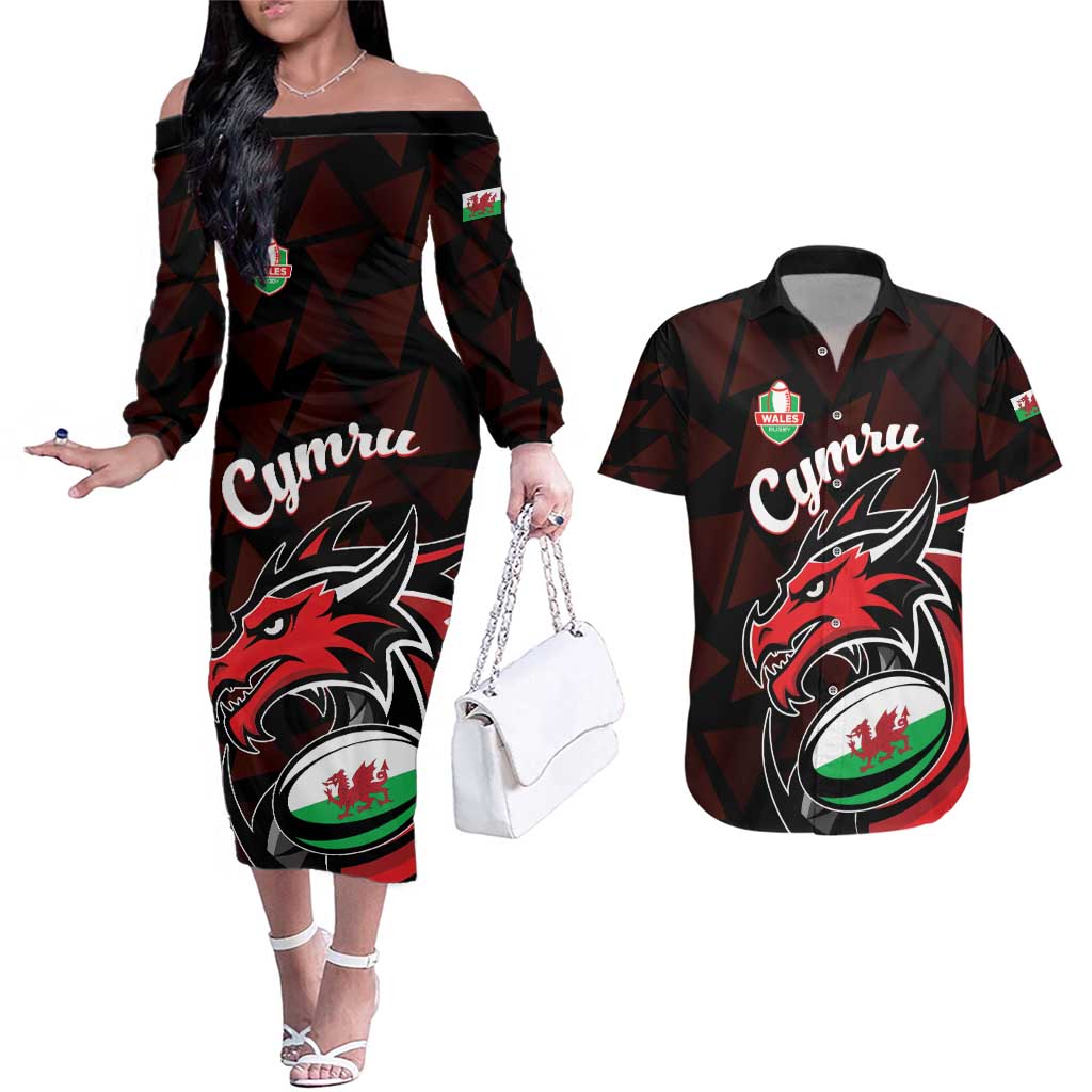 Custom Wales Rugby Couples Matching Off The Shoulder Long Sleeve Dress and Hawaiian Shirt Cymru Y Ddraig Goch