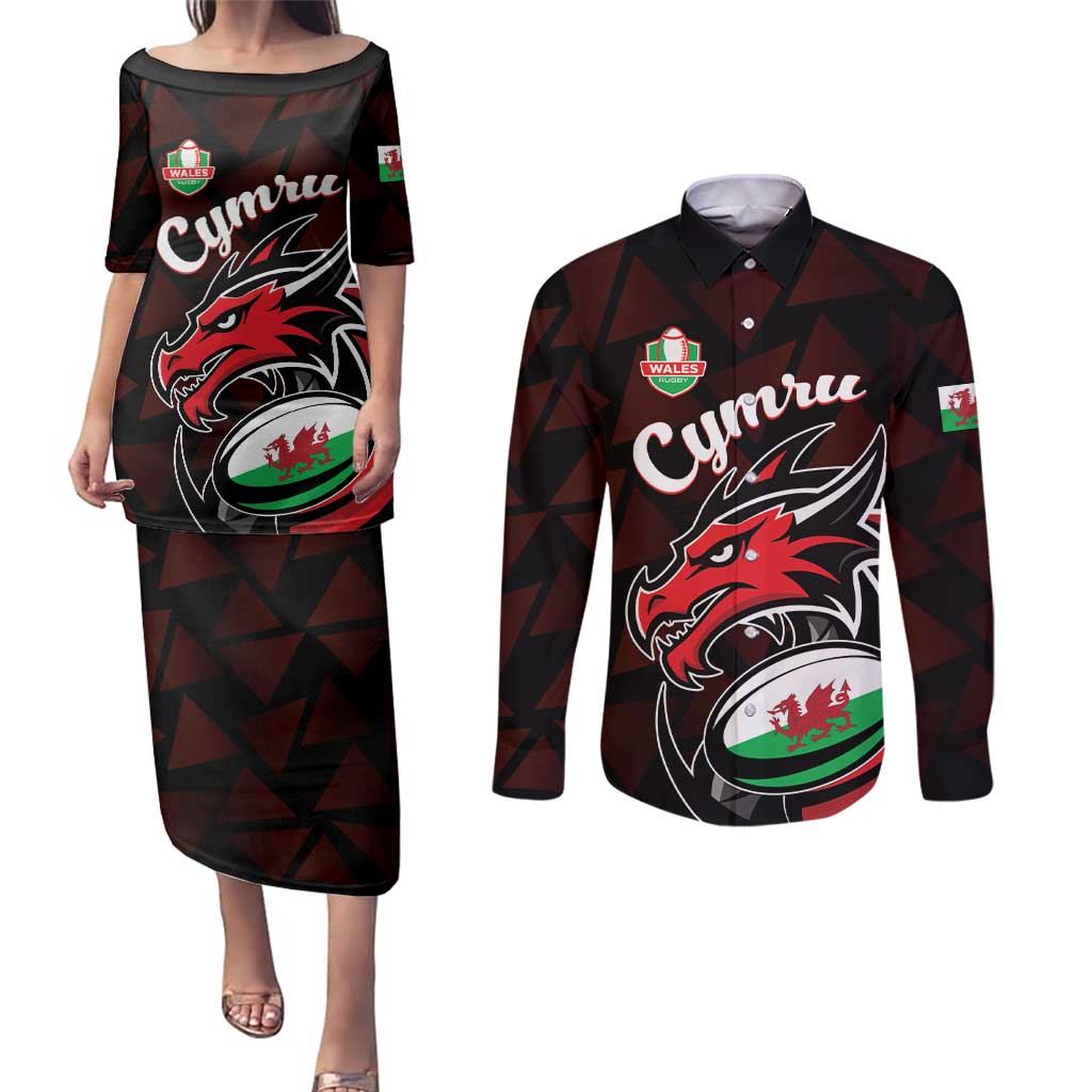 Custom Wales Rugby Couples Matching Puletasi and Long Sleeve Button Shirt Cymru Y Ddraig Goch