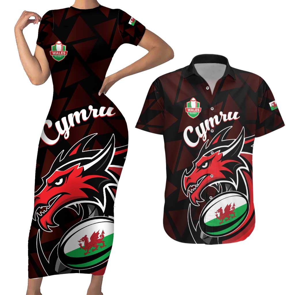 Custom Wales Rugby Couples Matching Short Sleeve Bodycon Dress and Hawaiian Shirt Cymru Y Ddraig Goch