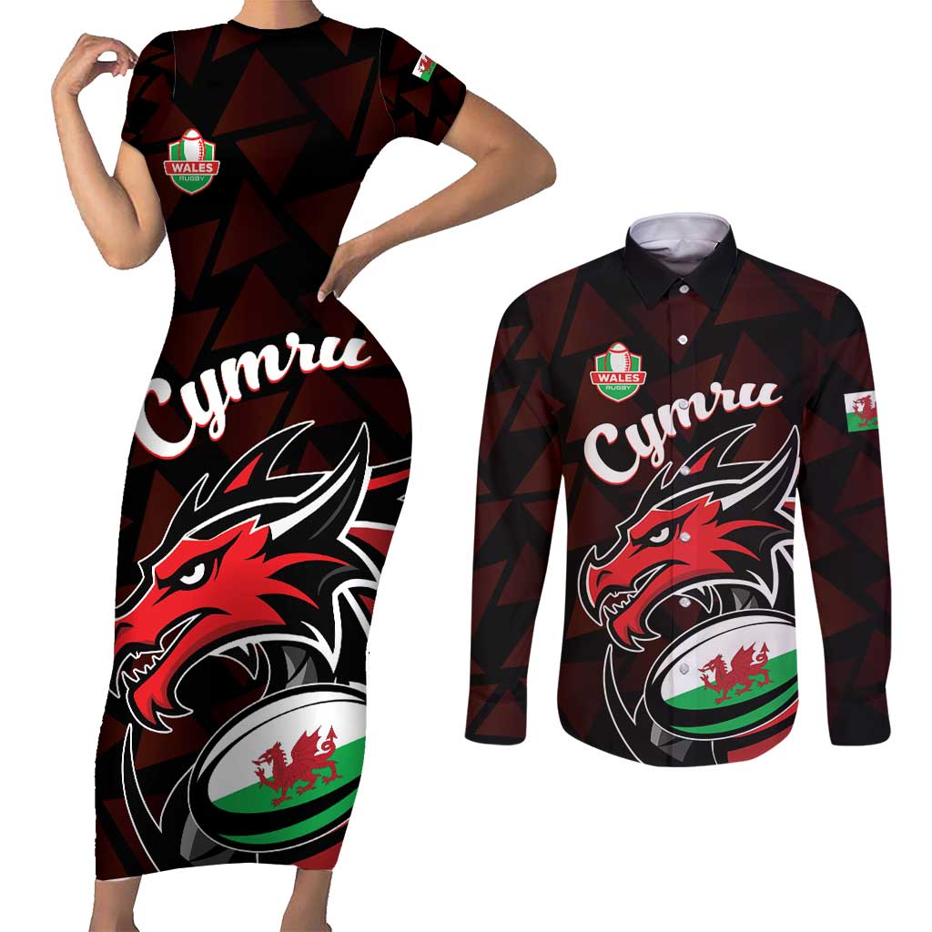 Custom Wales Rugby Couples Matching Short Sleeve Bodycon Dress and Long Sleeve Button Shirt Cymru Y Ddraig Goch