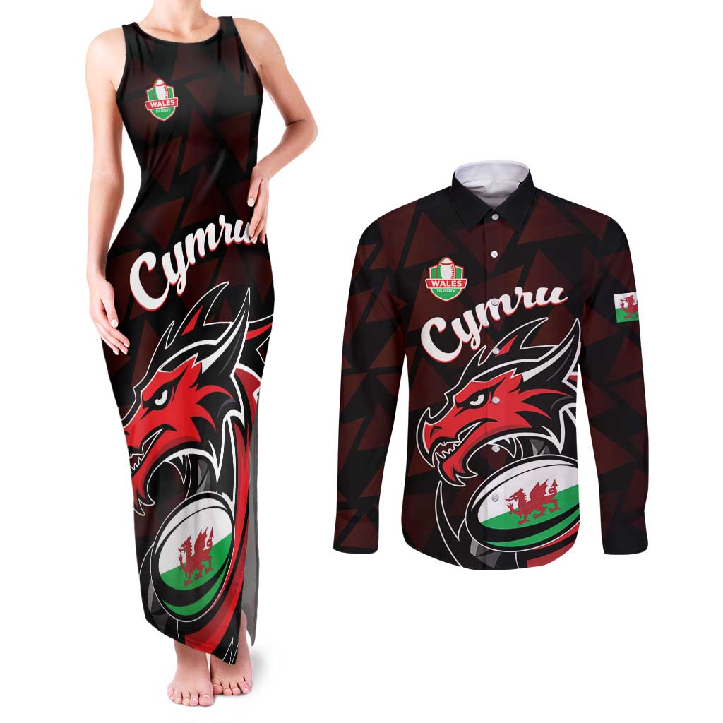 Custom Wales Rugby Couples Matching Tank Maxi Dress and Long Sleeve Button Shirt Cymru Y Ddraig Goch