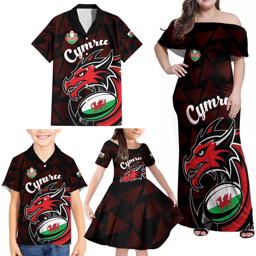 Custom Wales Rugby Family Matching Off Shoulder Maxi Dress and Hawaiian Shirt Cymru Y Ddraig Goch