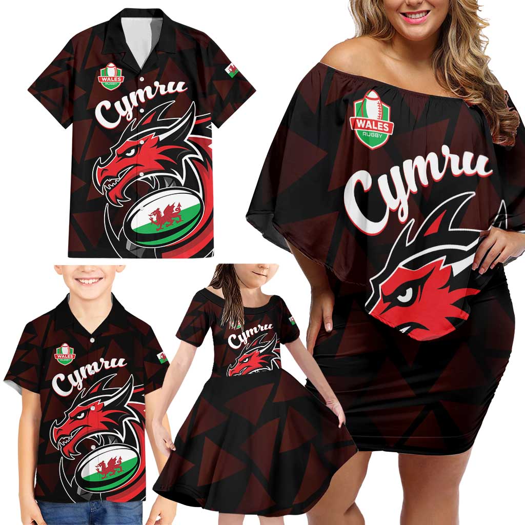 Custom Wales Rugby Family Matching Off Shoulder Short Dress and Hawaiian Shirt Cymru Y Ddraig Goch