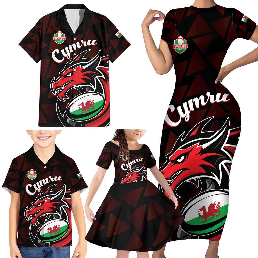 Custom Wales Rugby Family Matching Short Sleeve Bodycon Dress and Hawaiian Shirt Cymru Y Ddraig Goch