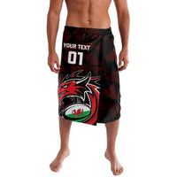Black rugby shorts with plaid pattern and large front emblem, drawstring waist