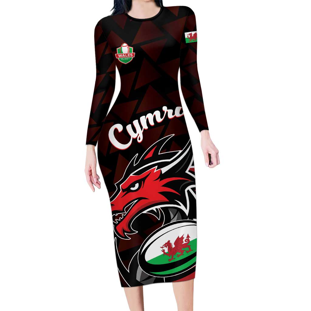 Custom Wales Rugby Long Sleeve Bodycon Dress Cymru Y Ddraig Goch