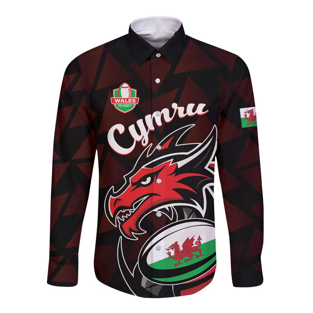 Black long-sleeve rugby button shirt with Wales logo, Cymru text, and dragon graphic
