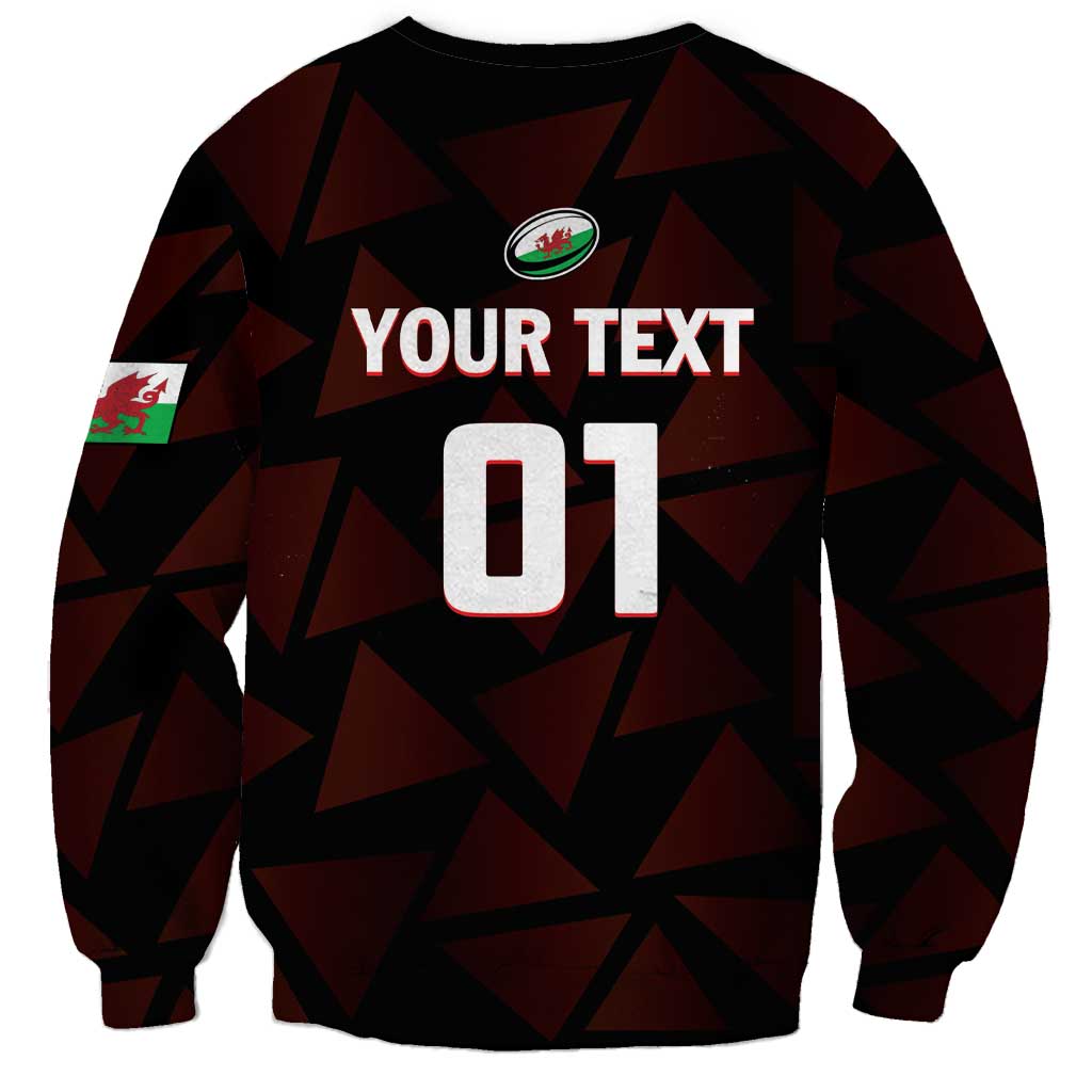 Black rugby sweatshirt with geometric maroon pattern, round badge and 'YOUR TEXT 01' print