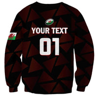 Black rugby sweatshirt with geometric maroon pattern, round badge and 'YOUR TEXT 01' print