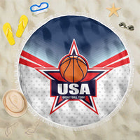 Round beach blanket with USA basketball star logo and fringed edge, navy red white