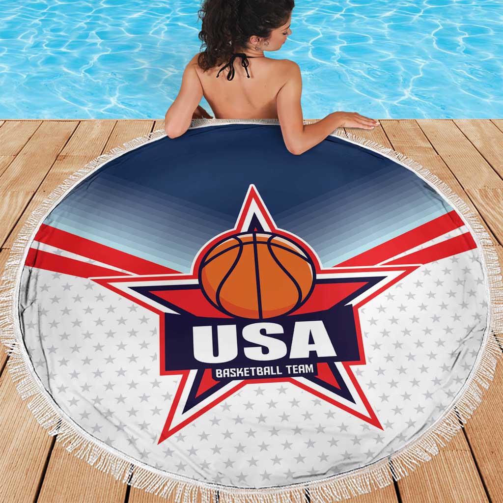 Round beach blanket with USA basketball star logo, worn on shoulders, fringed edge
