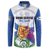 Button sweatshirt with Nova Scotia graphic, blue sleeves and white front panels.