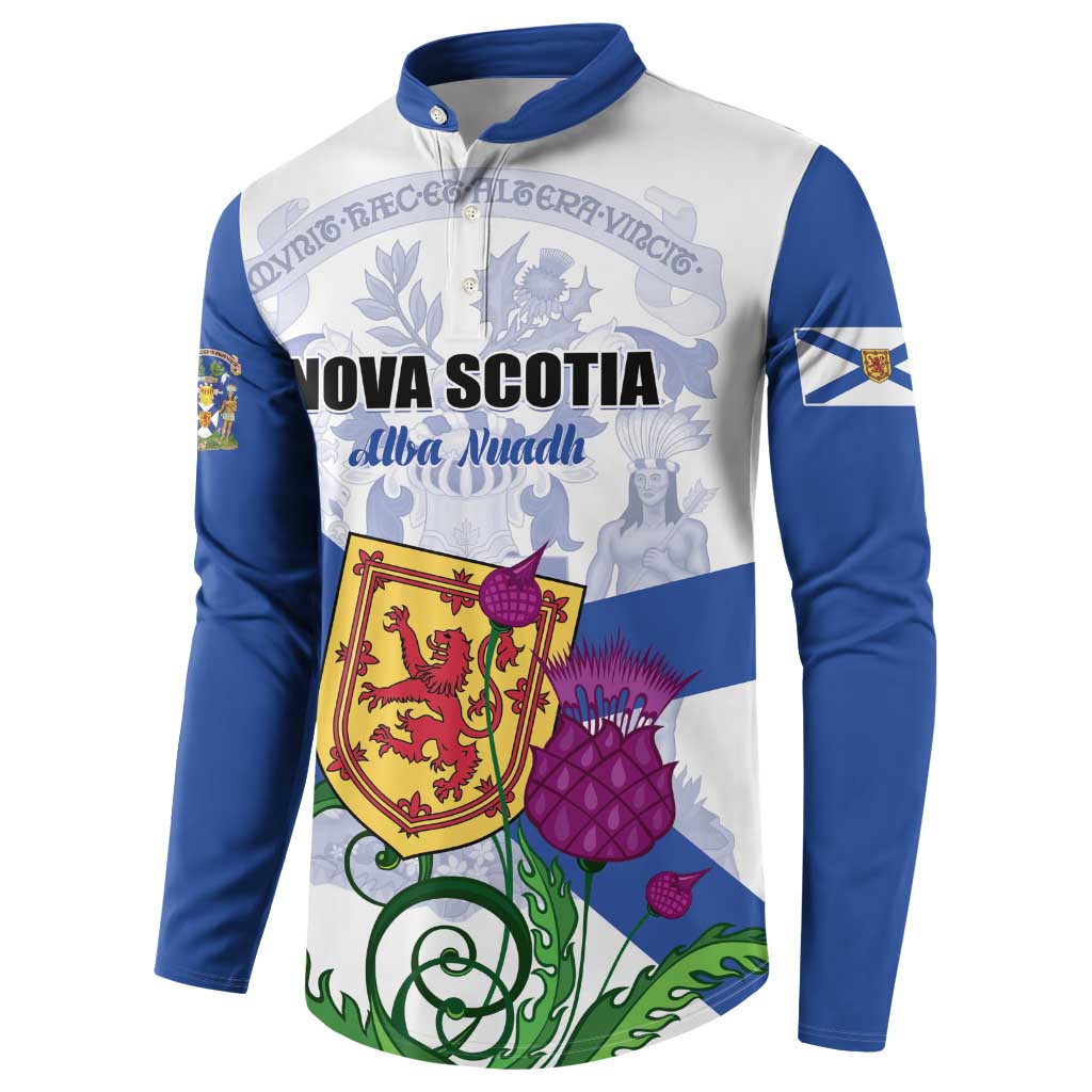 Nova Scotia button sweatshirt with blue right sleeve crest patch and white flag graphic.