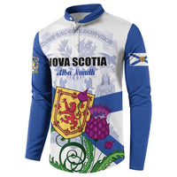 Nova Scotia button sweatshirt with blue right sleeve crest patch and white flag graphic.