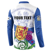Back button sweatshirt with "YOUR TEXT" print, blue sleeves and Nova Scotia crest graphic.
