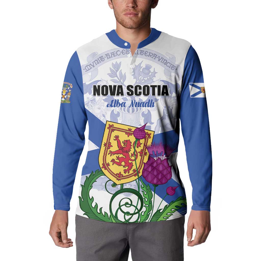Button sweatshirt on model, blue and white Nova Scotia crest and banner graphic.