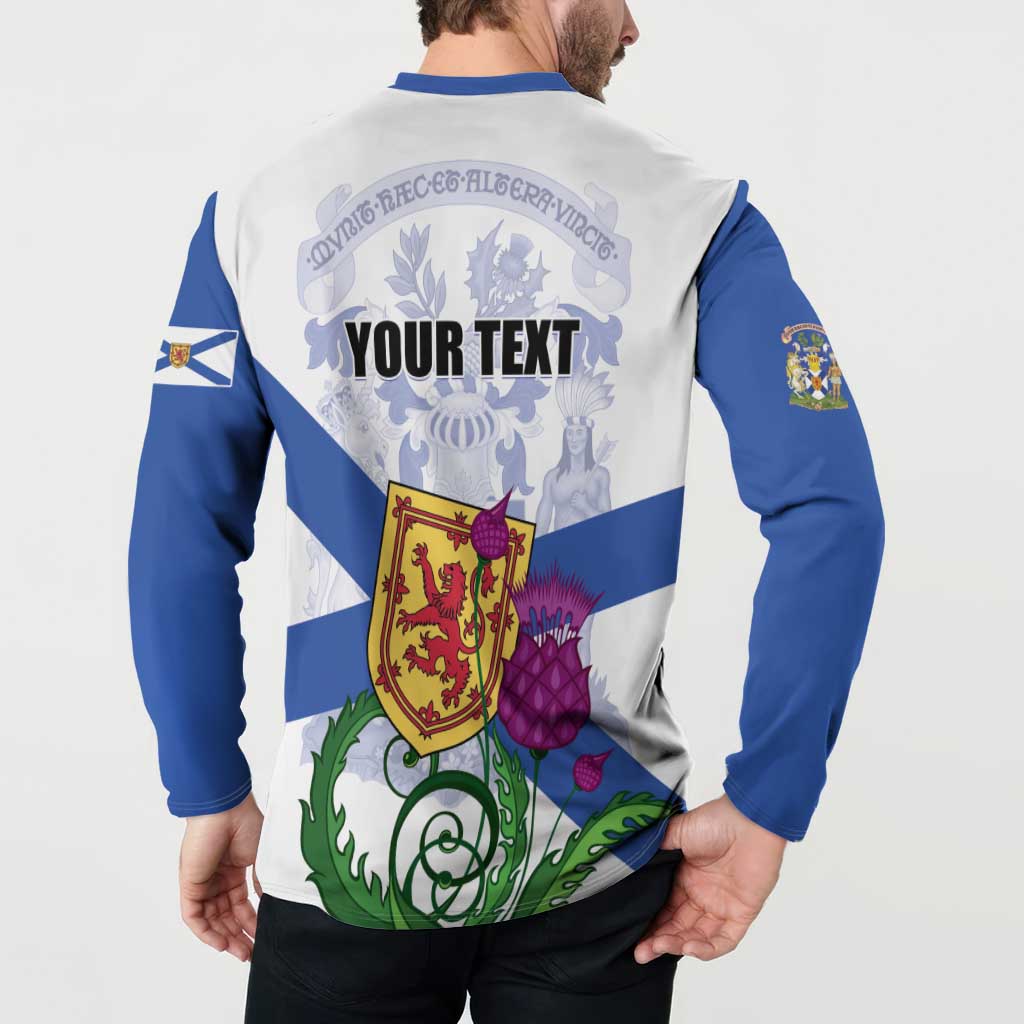 Back view button sweatshirt with "YOUR TEXT" and Nova Scotia crest, blue sleeves.