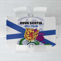 Nova Scotia-themed tablecloth with blue-and-white flag stripes and crest graphic