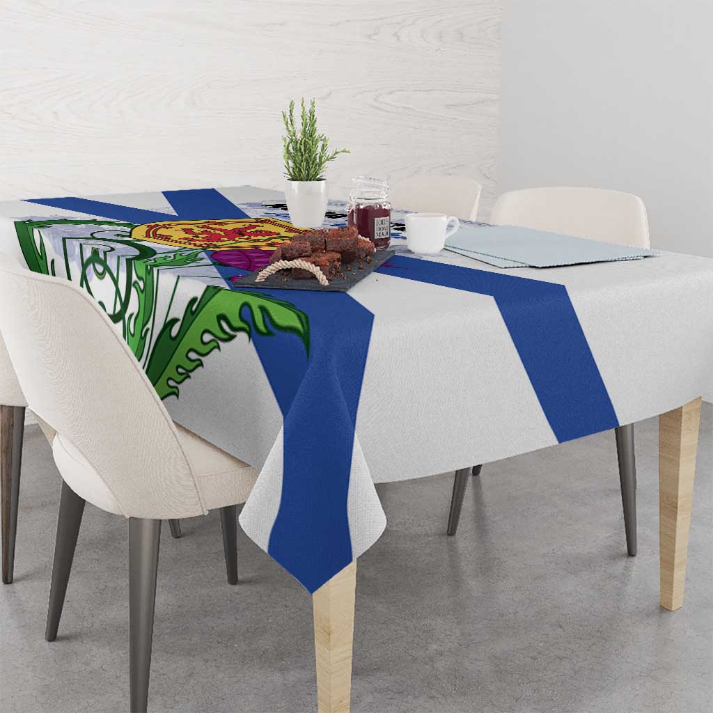 Tablecloth with blue-and-white striped flag pattern and Nova Scotia crest on top