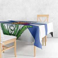 Blue-and-white Nova Scotia flag tablecloth with crest graphic, corner drape detail