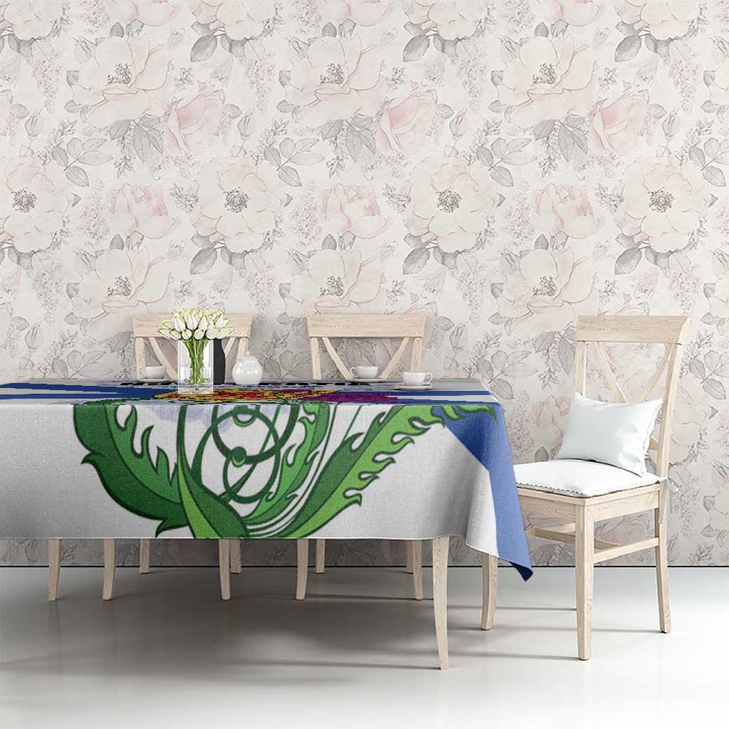 Dining tablecloth with blue-and-white Nova Scotia flag stripes and crest emblem