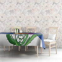 Dining tablecloth with blue-and-white Nova Scotia flag stripes and crest emblem