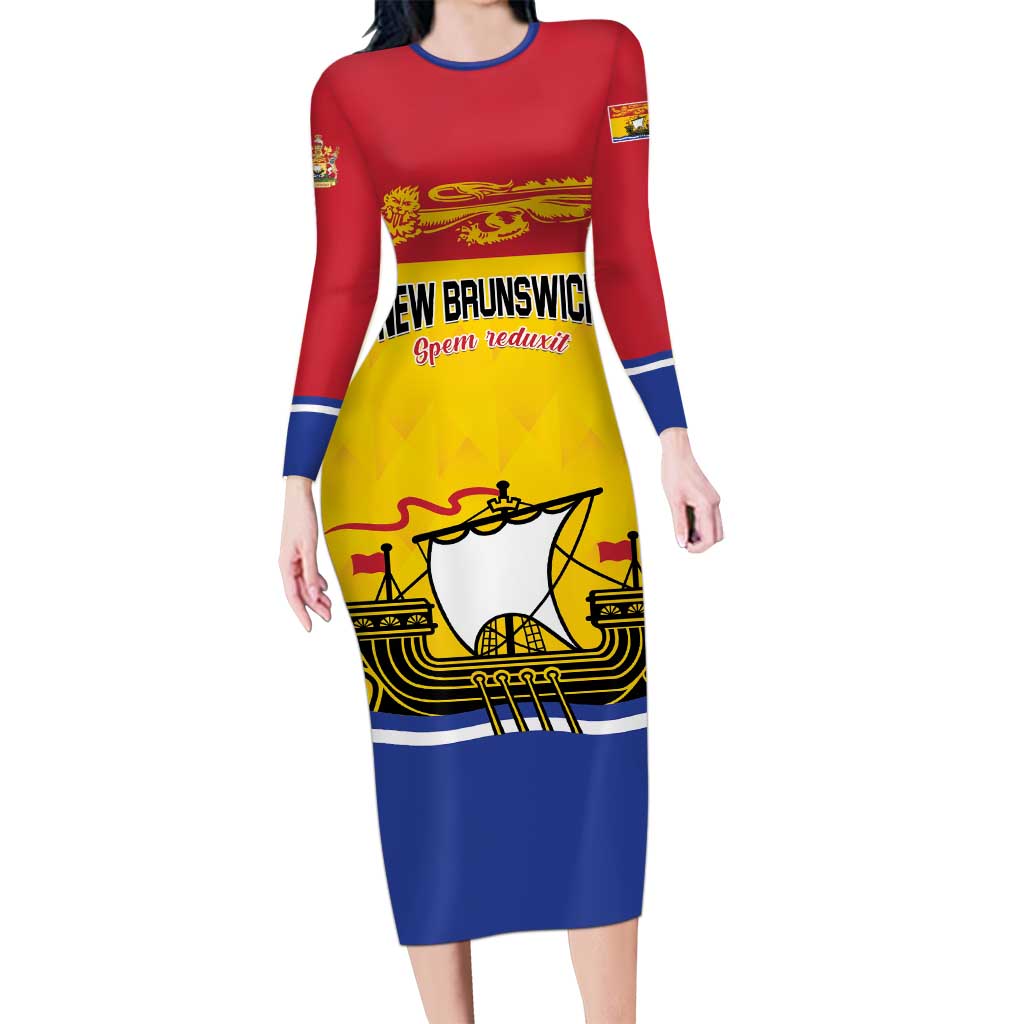 Personalized Canada New Brunswick Province Long Sleeve Bodycon Dress Golden Lion Lymphad