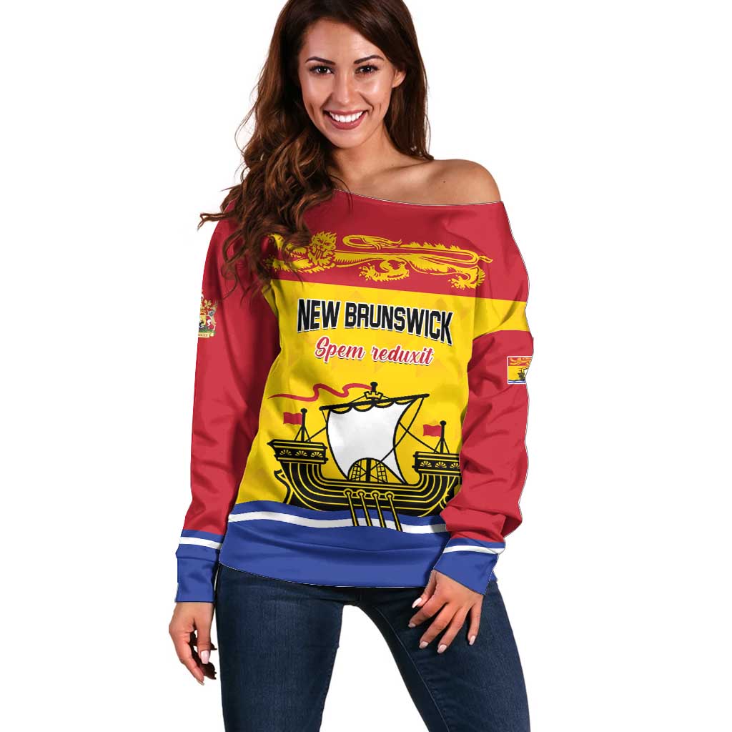 Personalized Canada New Brunswick Province Off Shoulder Sweater Golden Lion Lymphad