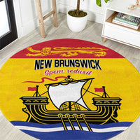 Round area rug with New Brunswick text, ship emblem, yellow red and blue stripes