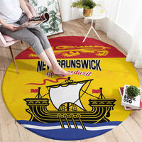 Round area rug showing New Brunswick lettering and ship graphic with yellow red blue border