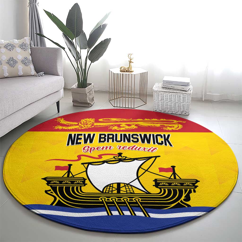 Round New Brunswick area rug with ship emblem and blue red stripes on yellow background