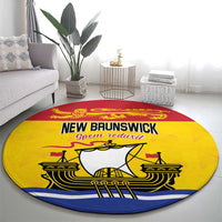 Round New Brunswick area rug with ship emblem and blue red stripes on yellow background