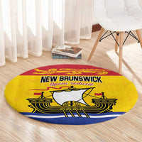 Round area rug featuring New Brunswick text and ship design with red yellow and blue stripes