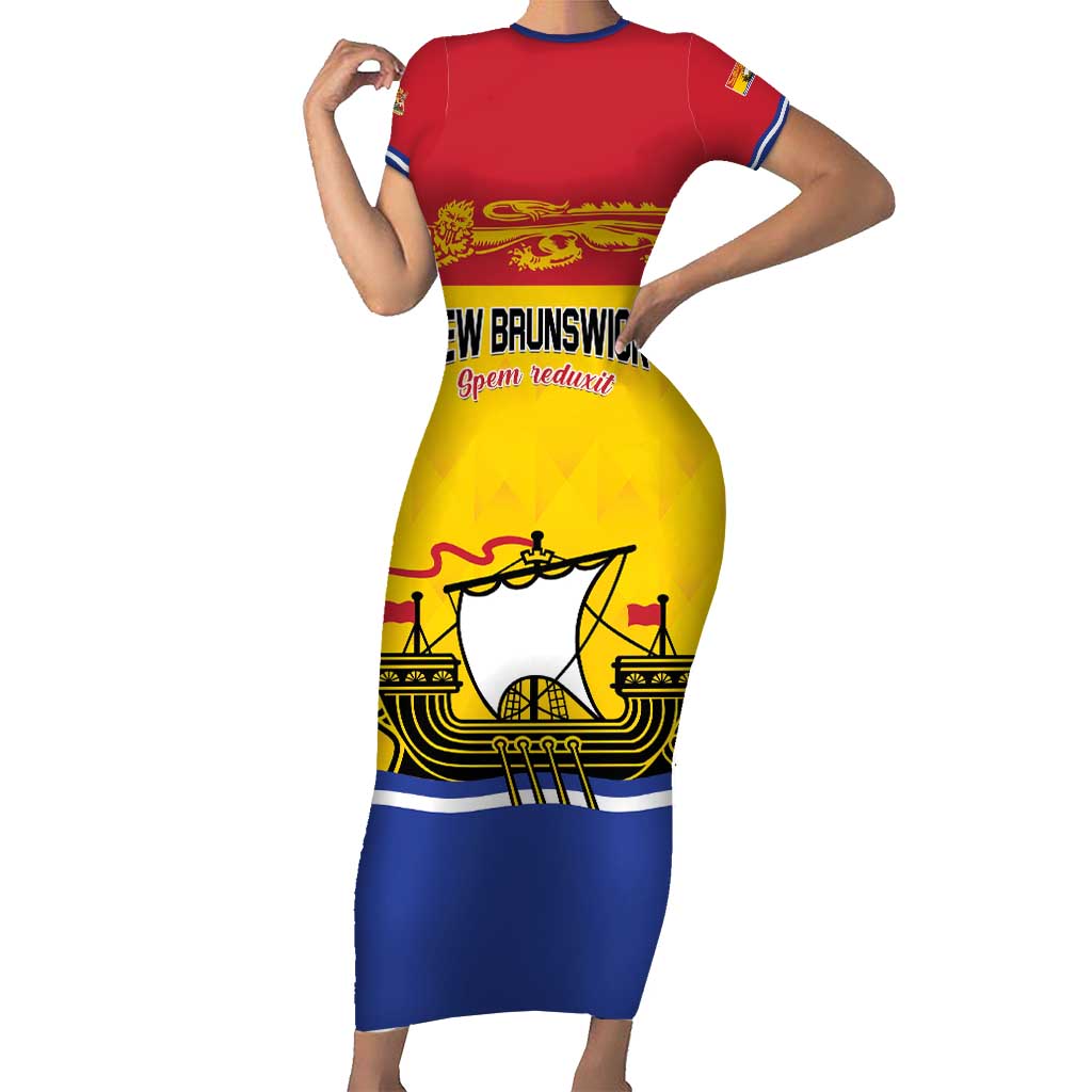 Personalized Canada New Brunswick Province Short Sleeve Bodycon Dress Golden Lion Lymphad