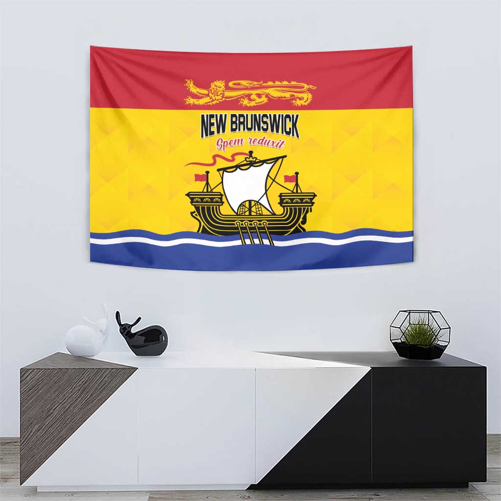 New Brunswick wall tapestry with gold ship graphic and “NEW BRUNSWICK” title on red/yellow/blue