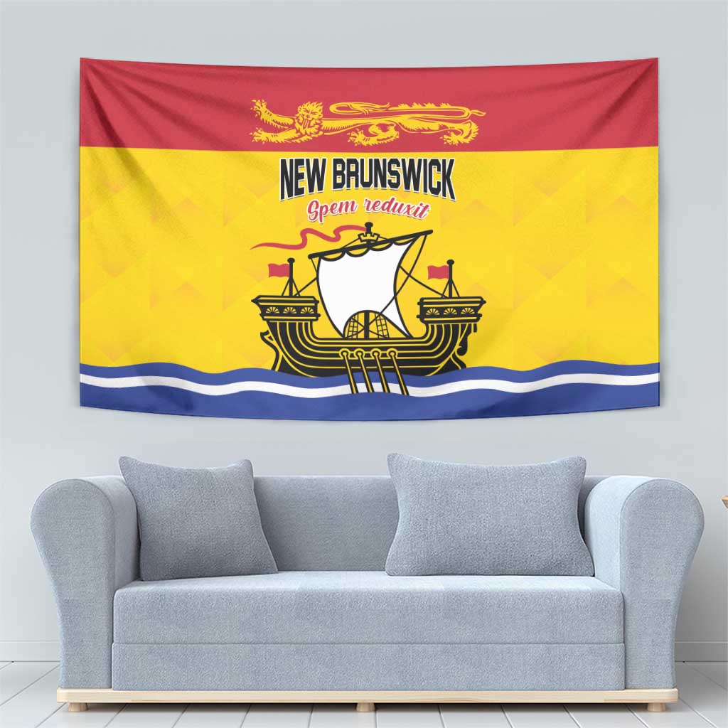 New Brunswick tapestry with gold lion crest, “NEW BRUNSWICK” text, and ship on red/yellow/blue