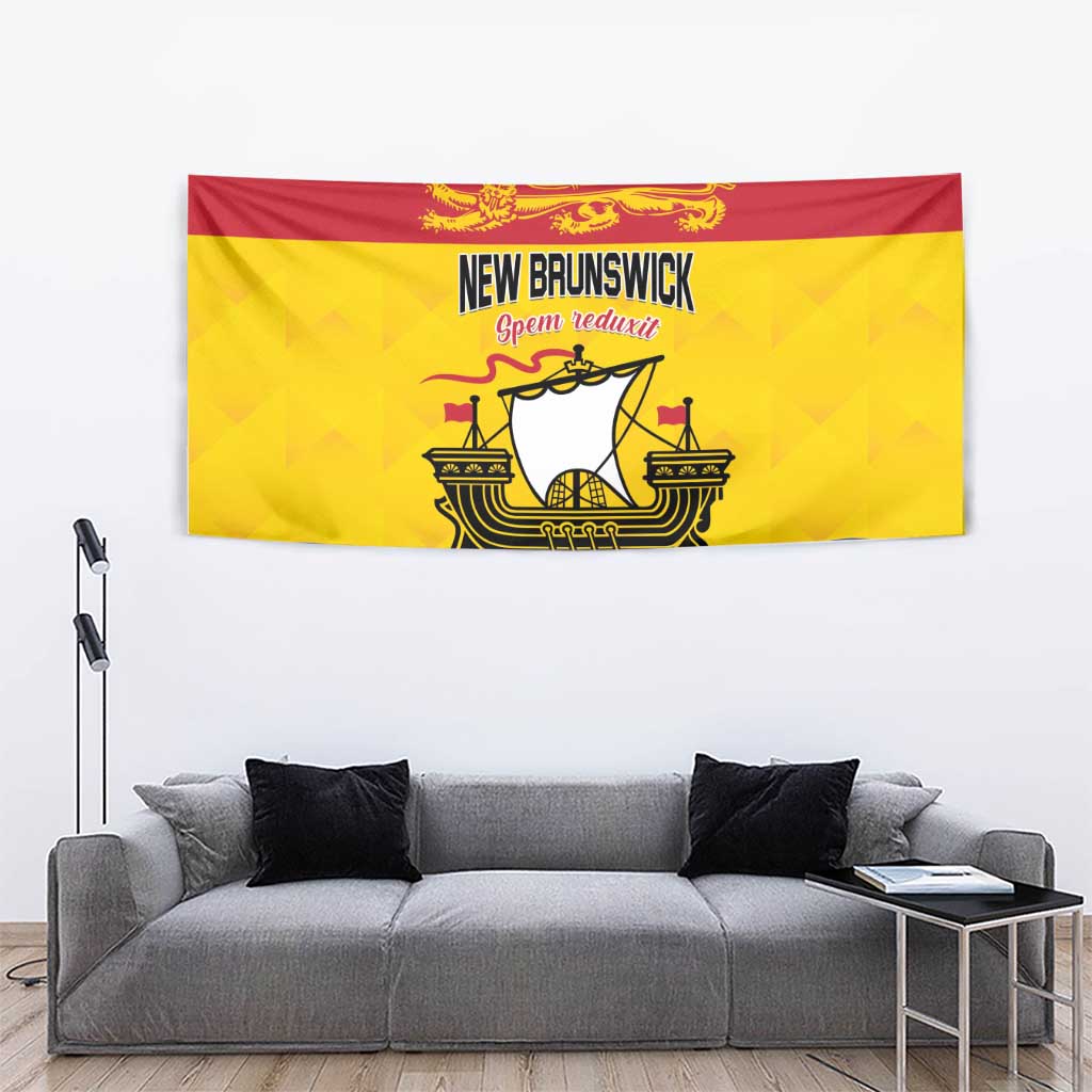 New Brunswick tapestry banner with gold ship and “NEW BRUNSWICK” title on red/yellow/blue