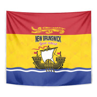 New Brunswick tapestry close-up with “NEW BRUNSWICK” text and gold ship on red/yellow/blue