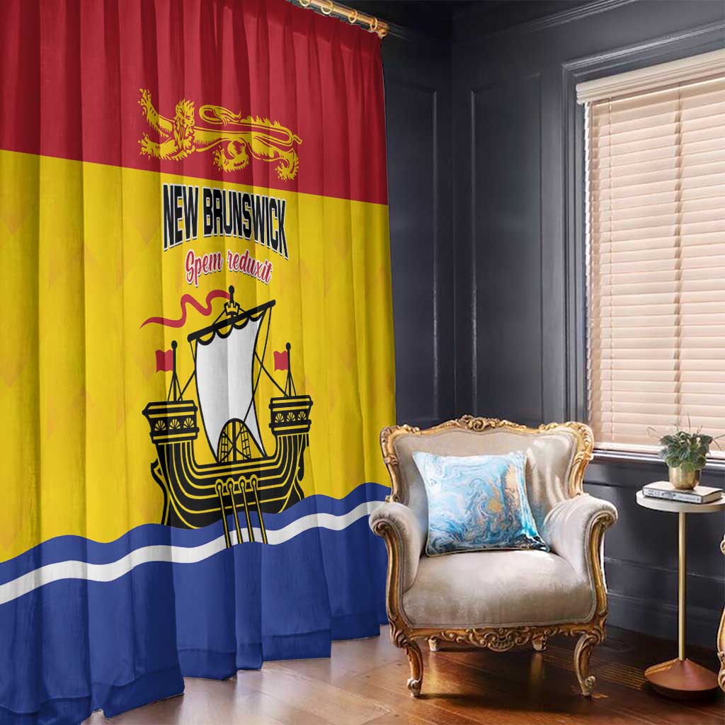 Red, yellow, and blue printed curtain panels with New Brunswick lion and ship emblem.