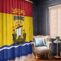 Red, yellow, and blue printed curtain panels with New Brunswick lion and ship emblem.