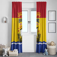 Red, yellow, and blue window curtain panels featuring gold lion and ship emblem.