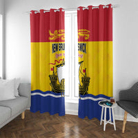 Red, yellow, and blue curtain panels with gold lion and ship emblem, hanging from rings.