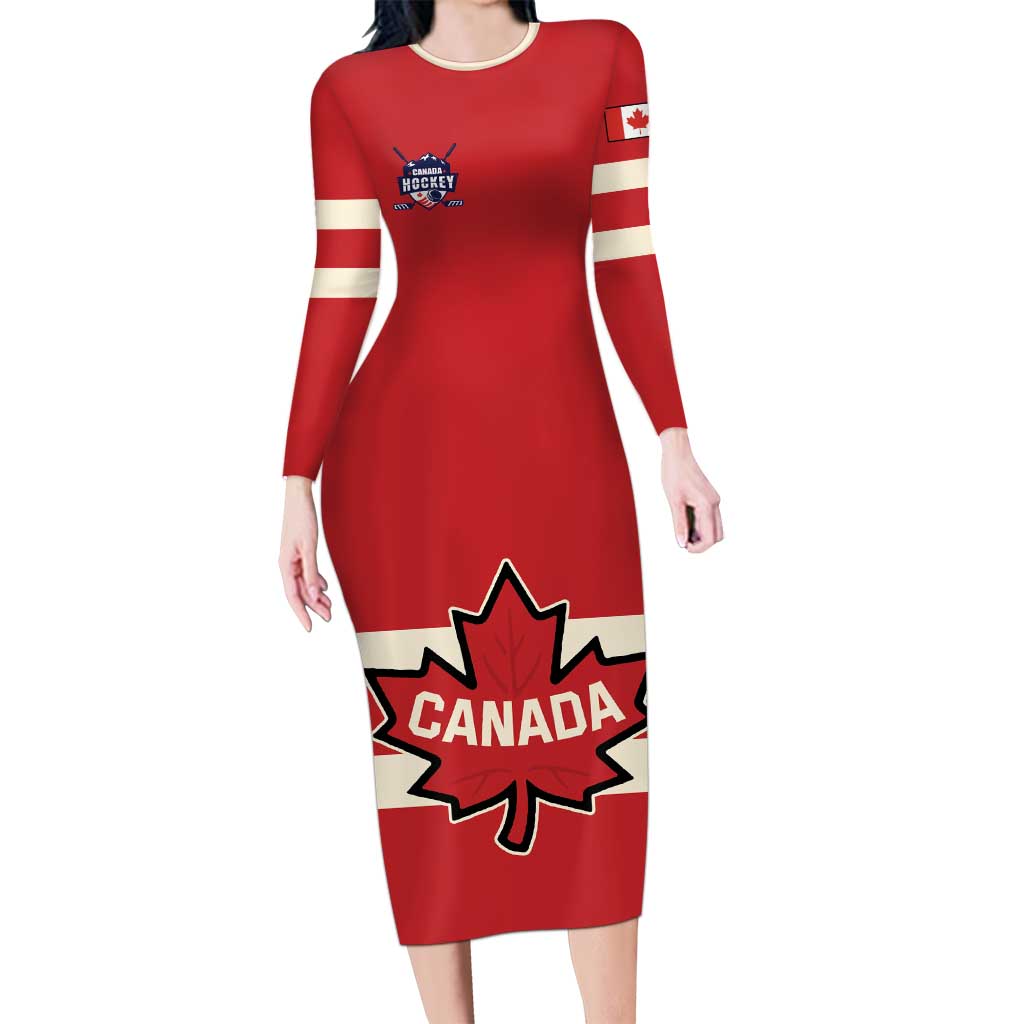 Custom Canada Hockey Long Sleeve Bodycon Dress Canada Team Go Champions