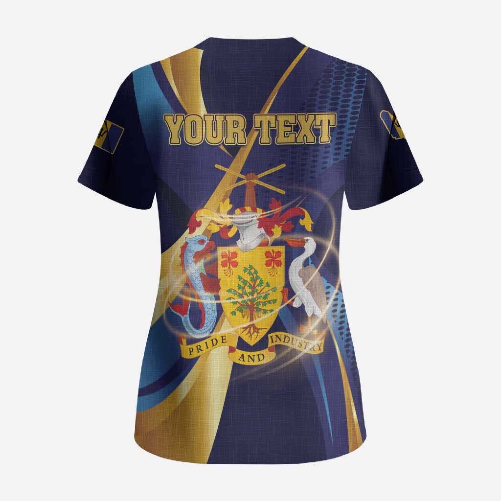 Personalized Barbados Gold Trident Scrub Top Luxury Style