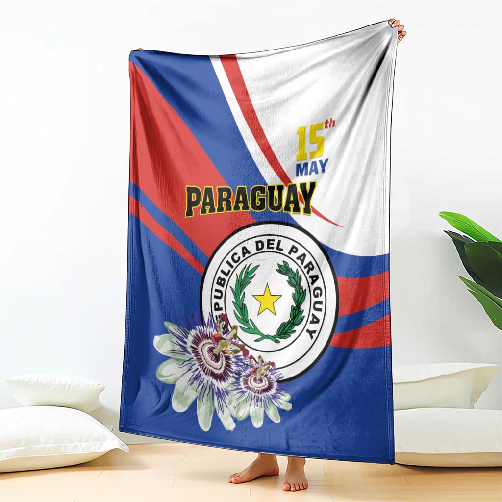 Paraguay Independence Day blanket, blue and red with Paraguay emblem and floral print