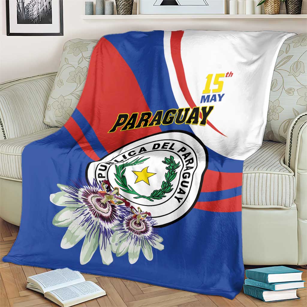 Paraguay Independence Day blanket with yellow 15th May text, blue/red/white design
