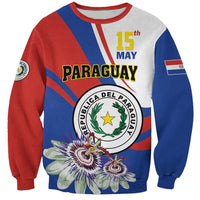 Unisex patriotic sweatshirt with red/blue panels, Paraguay emblem, '15 May' and flowers